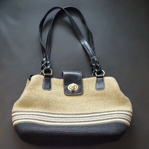 Vintage Woven Tan Black Stripe Handbag Leather Straps Turn Lock And Coin Purse
